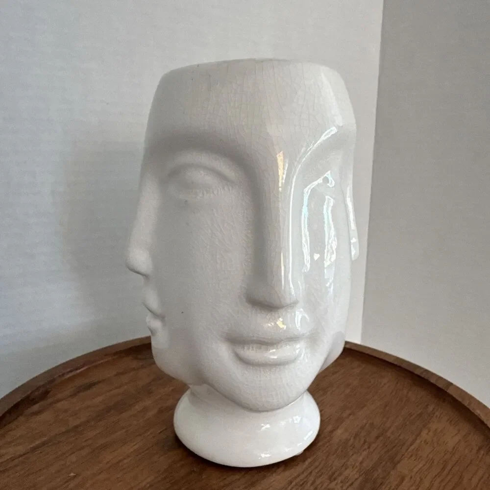 White Crackled Four Faces Vase Interesting Eye Catching